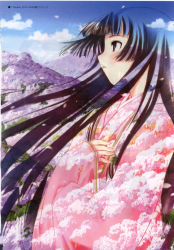 Rule 34 | 1girl, absurdres, black hair, cloud, floating hair, hand on own chest, highres, hill, hime cut, japanese clothes, kawata hisashi, kimono, leaf (studio), nature, non-web source, official art, painting (medium), petals, profile, routes, sakuya (routes), scan, scan artifacts, sleeves past wrists, solo, traditional media, watercolor (medium)