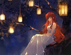 Rule 34 | 1girl, branch, closed mouth, dress, eyepatch, highres, hwa ryun, in tree, kunyetog, lantern, long hair, looking at viewer, night, red eyes, red hair, sitting, sitting in tree, sleeveless, sleeveless dress, smile, solo, tower of god, tree, white dress