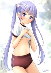 Rule 34 | 1girl, absurdres, backlighting, blurry, blurry background, blush, breasts, buruma, clenched hands, closed mouth, clothes lift, cowboy shot, flower, furrowed brow, gym uniform, hair flower, hair ornament, hands on own chest, highres, long hair, looking at viewer, navel, new game!, pink flower, purple eyes, purple hair, red buruma, shibacha, shirt, shirt lift, short sleeves, small breasts, smile, solo, standing, stomach, suzukaze aoba, tree, twintails, underboob, white shirt