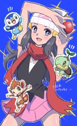 Rule 34 | 1girl, :d, bare arms, beanie, black hair, black shirt, blue background, bright pupils, chimchar, commentary request, creatures (company), dawn (pokemon), eyelashes, game freak, gen 4 pokemon, grey eyes, hat, highres, holding, holding poke ball, long hair, nintendo, notice lines, open mouth, pink skirt, piplup, poke ball, poke ball (basic), pokemon, pokemon (creature), pokemon dppt, red scarf, scarf, sheyona, shiny skin, shirt, skirt, sleeveless, sleeveless shirt, smile, starter pokemon trio, tongue, turtwig, white headwear, white pupils
