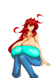 Rule 34 | 1girl, aeon708, ahoge, bare shoulders, breasts, cleavage, female focus, gigantic breasts, highres, long hair, open mouth, original, pants, red eyes, red hair, simple background, sitting, solo, white background