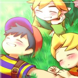 Rule 34 | 3boys, black hair, blush, crossover, closed eyes, grass, link, lucas (mother 3), male focus, mother (game), multiple boys, ness (mother 2), nintendo, pointy ears, short hair, sleeping, smile, super smash bros., the legend of zelda, the legend of zelda: the wind waker, toon link