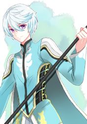 Rule 34 | 1boy, bishounen, cape, hair between eyes, holding, holding staff, long sleeves, looking at viewer, male focus, mikleo (tales), purple eyes, saklo, silver hair, smile, solo, staff, standing, tales of (series), tales of zestiria, white cape