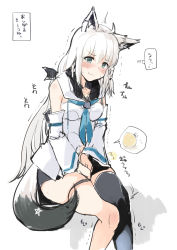 Rule 34 | 1girl, @ @, ahoge, akakama, animal ear fluff, animal ears, bare shoulders, between legs, black shorts, black thighhighs, blue neckerchief, blush, braid, breasts, closed mouth, collarbone, detached sleeves, embarrassed, female focus, fox ears, fox girl, fox tail, green eyes, hair tie, hand between legs, have to pee, highres, hololive, japanese text, knees together feet apart, long hair, looking down, medium breasts, navel, neckerchief, nervous, nose blush, own hands together, shirakami fubuki, shirt, short shorts, shorts, sidelocks, simple background, single braid, single thighhigh, sitting, sketch, skindentation, sleeveless, sleeveless shirt, smile, solo, speech bubble, star (symbol), sweat, tail, thigh strap, thighhighs, thought bubble, translation request, trembling, urine meter, v arms, virtual youtuber, wavy mouth, white background, white hair, white shirt