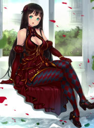 Rule 34 | 1girl, aqua eyes, argyle, argyle clothes, argyle legwear, black hair, breasts, cleavage, cleavage cutout, clothing cutout, crossed legs, dress, elbow gloves, flower, gloves, hair flower, hair ornament, highres, houtengeki, large breasts, long hair, open mouth, original, pantyhose, shoes, sitting, solo, thighs, very long hair