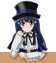 Rule 34 | 1girl, :|, aoki reika, blue eyes, blue hair, blush, closed mouth, cosplay, eyelashes, hat, matching hair/eyes, precure, rozen maiden, smile precure!, solo, souseiseki, souseiseki (cosplay), takumi (rozen garten), top hat, white background