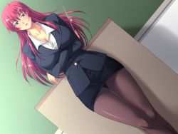 Rule 34 | 1girl, artist request, blue eyes, blush, breasts, chalkboard, classroom, cleavage, crossed arms, large breasts, long hair, panties, pantyhose, pantyshot, parted lips, pointer, pov, red hair, school, source request, teacher, underwear