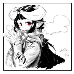 Rule 34 | 1girl, animal ears, blush, breath, coat, commentary request, covered mouth, cropped torso, curled horns, dated, enpera, fringe trim, hands up, horned girl (jaco), horns, jaco, long hair, long sleeves, looking at viewer, monochrome, original, red eyes, scarf, sleeves past wrists, solo, spot color, steepled fingers, upper body, very long hair, white background