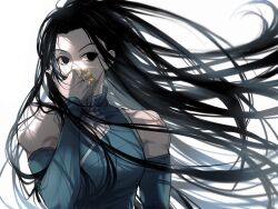 Rule 34 | 1boy, alternate costume, black eyes, black hair, highres, hunter x hunter, illumi zoldyck, long hair, looking to the side, male focus, pin, riceko33, simple background, solo, white background