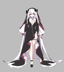 Rule 34 | 1girl, absurdly long hair, azur lane, black bow, black dress, black footwear, black headwear, bow, braid, breasts, breasts apart, center opening, cleavage cutout, closed mouth, clothing cutout, cross, cross necklace, dress, expressionless, frills, full body, grey background, habit, hair between eyes, hair bow, hair ornament, highres, jewelry, juliet sleeves, light purple hair, long dress, long hair, long sleeves, looking at viewer, medium breasts, necklace, no bra, nun, puffy sleeves, red eyes, saru, shoes, side braid, side slit, simple background, single braid, sketch, solo, standing, thigh strap, thighs, veil, very long hair, vestal (meta) (azur lane), wide sleeves
