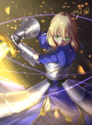 Rule 34 | 1girl, ahoge, armor, armored dress, artoria pendragon (fate), battle, blonde hair, blue dress, commentary request, dress, excalibur (fate/stay night), fate/stay night, fate (series), faulds, gauntlets, glint, glowing, glowing sword, glowing weapon, green eyes, holding, holding sword, holding weapon, light particles, looking at viewer, night, saber (fate), short hair, solo, sword, weapon, yeh (354162698)