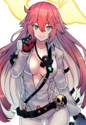 Rule 34 | 1girl, ankh, ankh necklace, aria (guilty gear), belt, bodysuit, broken halo, spiked halo, cross, gloves, green eyes, guilty gear, guilty gear strive, halo, jack-o&#039; valentine, long hair, looking at viewer, multicolored hair, portrait, red hair, solo focus, tomoe no kaminari, two-tone hair, white bodysuit, white hair