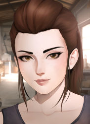Rule 34 | 1girl, brigitte (overwatch), brown eyes, brown hair, closed mouth, eyelashes, eyeliner, freckles, grey shirt, hair pulled back, highres, indoors, light smile, lips, long hair, looking at viewer, makeup, nose, overwatch, ponytail, portrait, shirt, solo, sthanheykel, tank top, window