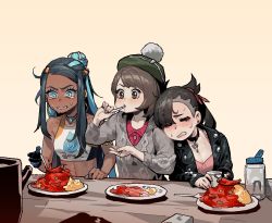 Rule 34 | 3girls, beige background, black hair, black jacket, cardigan, chili pepper, creatures (company), curry, curry rice, dark-skinned female, dark skin, eating, food, game freak, gloria (pokemon), gogalking, grey cardigan, gym leader, hat, highres, jacket, leaning on person, marnie (pokemon), multicolored hair, multiple girls, nessa (pokemon), nintendo, pepper, pokemon, pokemon swsh, rice, simple background, spicy, sweat, tam o&#039; shanter, two-tone hair