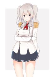 Rule 34 | 1girl, absurdres, arm behind back, arm grab, bad id, bad pixiv id, border, breasts, epaulettes, gloves, graphite (medium), grey background, grey eyes, grey hair, highres, kantai collection, kashima (kancolle), large breasts, neck ribbon, outside border, red ribbon, ribbon, shiina aoi, skirt, smile, solo, thighs, traditional media, twintails, white border, white gloves
