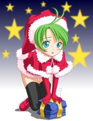 Rule 34 | 1girl, :p, blue eyes, capelet, female focus, full body, gift, gradient background, green eyes, grey background, kneeling, original, santa costume, solo, t2r, thighhighs, tongue, tongue out, touhou, white background