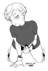 Rule 34 | 1girl, blush, bodysuit, breasts, cheelai, cleavage, dated, dragon ball, dragon ball super, dragon ball super broly, gloves, greyscale, large breasts, looking at viewer, monochrome, short hair, signature, simple background, smile, solo, tsukudani (coke-buta), white background