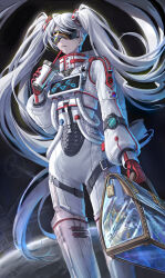 Rule 34 | 1girl, absurdly long hair, absurdres, bag, bangsom, cup, drinking straw, goggles, highres, holding, holding bag, holding cup, long hair, original, science fiction, solo, south korean flag, space, space station, spacesuit, standing, teeth, tube, twintails, very long hair, white hair
