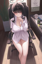 Rule 34 | 1girl, arm under breasts, bare legs, black hair, black halo, blue archive, blush, bottomless, breasts, bright pupils, buttons, chair, cleavage, collared shirt, commentary, crossed ankles, feet out of frame, hair behind ear, halo, hand on own chin, highres, large breasts, legs, long hair, long sleeves, looking at viewer, melt (melt out1), naked shirt, no bra, no panties, office chair, on chair, open clothes, open shirt, partially unbuttoned, red eyes, revision, rio (blue archive), shadow, shirt, sitting, solo, swivel chair, thighs, unbuttoned sleeves, white pupils, white shirt, wooden floor
