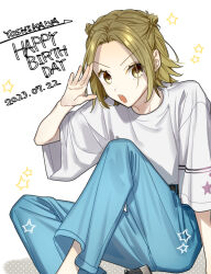 Rule 34 | 1girl, blue pants, character name, commentary request, dated, hagiwara daisuke, happy birthday, hori-san to miyamura-kun, looking at viewer, open mouth, pants, salute, short hair, short sleeves, sitting, solo, star (symbol), teeth, upper teeth only, yellow eyes, yoshikawa yuki (hori-san to miyamura-kun)