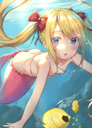 Rule 34 | 1girl, :o, air bubble, alexmaster, back, bare arms, bare shoulders, bikini, bikini top only, blonde hair, blue eyes, blush, bow, breasts, bubble, butt crack, collarbone, day, fish, fish request, hair bow, jewelry, long hair, looking at viewer, mermaid, monster girl, necklace, original, outdoors, parted lips, red bow, scales, school of fish, shell, shell bikini, sidelocks, small breasts, solo, swimsuit, tropical fish, twintails, underwater, water, white bikini