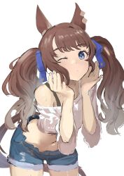 Rule 34 | 1girl, animal ears, blue eyes, blue shorts, blush, brown hair, closed mouth, cowboy shot, crop top, hands up, highres, horse ears, horse girl, horse tail, leaning forward, long hair, midriff, navel, off shoulder, one eye closed, shirt, short shorts, shorts, simple background, solo, solokitsune, tail, tosen jordan (umamusume), twintails, umamusume, unfinished, white background, white shirt