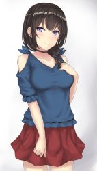 Rule 34 | 1girl, black hair, blouse, blue shirt, blush, breasts, closed mouth, collarbone, cowboy shot, grey background, hair over shoulder, hand on own chest, long hair, looking at viewer, low ponytail, medium breasts, monoku, original, purple eyes, red skirt, shirt, sidelocks, skirt, smile, solo