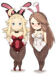Rule 34 | 2girls, 5pb., agnes oblige, animal ears, arms behind back, bare shoulders, blonde hair, blue eyes, blush, bow, bowtie, bravely default: flying fairy, bravely default (series), breasts, brown eyes, brown hair, chibi, cleavage, curvy, detached collar, edea lee, elbow gloves, fake animal ears, fishnet pantyhose, fishnets, flat chest, from behind, frown, gloves, hair bow, hairband, hands on own hips, hip focus, large breasts, leotard, long hair, multiple girls, navel, pantyhose, playboy bunny, rabbit ears, ribbon, simple background, small breasts, smile, standing, thigh gap, tsukudani (coke-buta), white background, wide hips, wrist cuffs