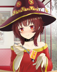 Rule 34 | 1girl, absurdres, artist name, bandages, bare shoulders, blush, brown hair, cake, collarbone, commentary, dated, dress, flat chest, food, fork, gloves, hat, highres, holding, holding fork, indoors, kono subarashii sekai ni shukufuku wo!, looking at viewer, megumin, recursion, red dress, red eyes, revision, shinalpha, smile, solo, witch hat