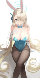 Rule 34 | 1girl, absurdres, animal ears, asuna (blue archive), asuna (bunny) (blue archive), asymmetrical bangs, bare shoulders, blue archive, blue bow, blue bowtie, blue eyes, blue leotard, bow, bowtie, breast suppress, breasts, cleavage, collarbone, commentary, covered navel, crossed legs, detached collar, elbow gloves, fake animal ears, from above, gloves, grin, hair over one eye, hair ribbon, halo, hand on own chest, highleg, highleg leotard, highres, korean commentary, large breasts, leotard, light brown hair, long hair, looking at viewer, mole, mole on breast, official alternate costume, pantyhose, playboy bunny, rabbit ears, revision, ribbon, simple background, sitting, smile, strapless, strapless leotard, thigh gap, thighband pantyhose, three twosix, traditional bowtie, very long hair, white background, white gloves