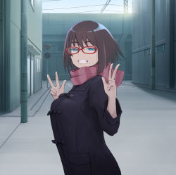 Rule 34 | 1girl, black coat, blue eyes, brown hair, building, coat, cowboy shot, day, double v, glasses, grin, half-closed eyes, highres, looking at viewer, looking back, mole, mole under mouth, original, outdoors, profile, rainen ganbarimashita, red-framed eyewear, red scarf, road, scarf, short hair, smile, solo, standing, street, sun, utility pole, v