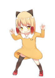 Rule 34 | 1girl, :d, absurdres, animal ears, arms up, asymmetrical legwear, atg (wttoo0202), black socks, blonde hair, blush, cat ears, child, collarbone, collared dress, dress, fang, full body, highres, kneehighs, looking at viewer, open mouth, original, short hair, simple background, single kneehigh, single sock, single thighhigh, smile, socks, solo, standing, thighhighs, uneven legwear, v-shaped eyebrows, white background, yellow dress, yellow eyes