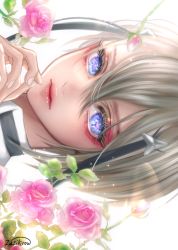 Rule 34 | 1boy, absurdres, androgynous, black hair, blonde hair, blue eyes, closed mouth, exif rotation, flower, highres, hyuuga masamune, looking at viewer, male focus, multicolored hair, pink flower, pink rose, portrait, rose, short hair, solo, touken ranbu, white background, zasikirou