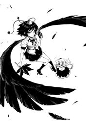 Rule 34 | 2girls, black wings, camera, collared shirt, detached sleeves, feathered wings, feathers, fkey, from above, geta, greyscale, hand fan, hat, highres, holding, inubashiri momiji, kneehighs, looking at viewer, miniskirt, monochrome, multiple girls, pom pom (clothes), puffy short sleeves, puffy sleeves, ribbon-trimmed sleeves, ribbon trim, shameimaru aya, shirt, short hair, short sleeves, simple background, skirt, smile, socks, tengu-geta, tokin hat, touhou, white background, wide sleeves, wing collar, wings