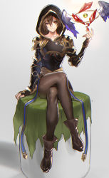 Rule 34 | 1boy, ankle boots, boots, brown hair, collarbone, commentary request, doushite, fingerless gloves, full body, gloves, granblue fantasy, highres, holding, hood, crossed legs, long sleeves, looking at viewer, male focus, pantyhose, red eyes, sandalphon (granblue fantasy), sitting, solo