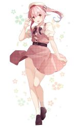 Rule 34 | 1girl, belt, beret, black belt, black ribbon, blush, brown footwear, buttons, dress, full body, gradient hair, hair between eyes, hair ribbon, harusame (kancolle), hat, kantai collection, long hair, multicolored hair, official alternate costume, open mouth, pink dress, pink eyes, pink hair, puffy short sleeves, puffy sleeves, ribbon, shakemi (sake mgmgmg), shoes, short sleeves, side ponytail, smile, solo, white hat