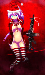 Rule 34 | 1girl, assault rifle, blue eyes, breasts, cleavage, fur trim, gun, hat, highres, kiryuu sayane, large breasts, long hair, looking at viewer, no bra, no panties, onibi (foxhound4185), original, ponytail, purple hair, rifle, santa hat, sitting, smile, solo, striped clothes, striped thighhighs, thighhighs, very long hair, weapon