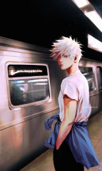 Rule 34 | 1boy, absurdres, alternate costume, alternate hair color, apron, artist name, bakugou katsuki, black pants, boku no hero academia, cowboy shot, from side, frown, hand in pocket, highres, looking at viewer, male focus, pants, red eyes, shirt, short hair, solo, spiked hair, standing, train, wengwengchim, white hair, white shirt