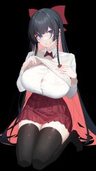 Rule 34 | 1girl, absurdres, black background, black hair, black thighhighs, blue eyes, bow, braid, breasts, brown sweater vest, colored inner hair, grin, hair bow, hair ornament, hands on own chest, head tilt, heart, heart hair ornament, highres, large breasts, long hair, long sleeves, looking at viewer, multicolored hair, orn, pleated skirt, red bow, red hair, red skirt, seiza, shirayuki hina, shirt, simple background, single braid, sitting, skirt, smile, solo, stellive, sweater vest, sweater vest lift, thighhighs, thighs, very long hair, vest lift, virtual youtuber, white shirt, zettai ryouiki