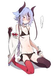 Rule 34 | 1other, asymmetrical legwear, azuma shino, bikini, black bikini, blush, braid, brown thighhighs, closed mouth, commentary request, detached sleeves, embarrassed, fingernails, flat chest, full body, groin, hand up, highres, horns, kneeling, long hair, meika mikoto, mismatched legwear, multicolored hair, multicolored nails, nail polish, navel, pink eyes, purple hair, purple nails, red nails, red thighhighs, ribbon-trimmed sleeves, ribbon trim, simple background, single detached sleeve, solo, stirrup legwear, streaked hair, sweat, swimsuit, thighhighs, toeless legwear, very long hair, vocaloid, white background, wide sleeves