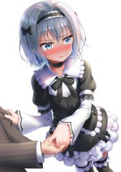 Rule 34 | 10s, 1boy, 1girl, absurdres, alternate costume, black hairband, blue eyes, blush, commentary request, embarrassed, gothic lolita, hair ornament, hairband, highres, holding hands, lolita fashion, looking at viewer, nedia (nedia region), ryuuou no oshigoto!, school uniform, short hair, silver hair, snowflake hair ornament, solo focus, sora ginko, transparent background
