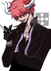 Rule 34 | cigarette, earrings, gloves, hair over eyes, horns, jewelry, male focus, one piece, pink hair, shirt, simple background, solo, white background, who&#039;s who (one piece)