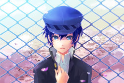 Rule 34 | 1girl, androgynous, atlus, blue eyes, blue hair, chain-link fence, fence, gin (oyoyo), hat, matching hair/eyes, persona, persona 4, petals, reverse trap, shirogane naoto, short hair, solo, tears, upper body