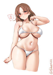 Rule 34 | 1girl, bare shoulders, bikini, blush, breasts, brown hair, chiyoda (kancolle), cleaver, collarbone, cropped legs, ebifurya, hand up, highres, kantai collection, large breasts, looking at viewer, navel, one-hour drawing challenge, simple background, solo, swimsuit, thighs, twitter username, white background, white bikini