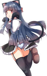 Rule 34 | 1girl, absurdres, animal ears, animal hands, ass, black gloves, black hair, black skirt, black thighhighs, blush, bow, braid, brown footwear, cat ears, cat girl, cat tail, frilled skirt, frilled sleeves, frills, from behind, garter straps, gloves, hair bow, hands up, high-waist skirt, highres, idolmaster, idolmaster cinderella girls, idolmaster cinderella girls starlight stage, kemonomimi mode, long hair, long sleeves, looking at viewer, looking back, panties, parted lips, paw gloves, red bow, red eyes, sajo yukimi, shirt, shoe soles, shoes, simple background, skirt, sleeves past wrists, solo, standing, standing on one leg, striped clothes, striped panties, tail, thighhighs, umberblack, underwear, very long hair, white background, white shirt, wide sleeves