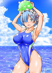 Rule 34 | 1girl, arms up, ball, blue eyes, blue hair, blue sky, blue one-piece swimsuit, cloud, competition swimsuit, covered navel, day, hair ornament, hair over one eye, hair ribbon, highleg, highleg swimsuit, highres, horizon, mikan ame q, ocean, one-piece swimsuit, open mouth, outdoors, pink ribbon, re:zero kara hajimeru isekai seikatsu, rem (re:zero), ribbon, round teeth, short hair, sky, smile, soaking feet, solo, standing, swimsuit, teeth, upper teeth only, water, x hair ornament