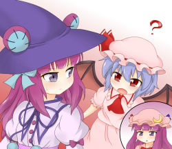 Rule 34 | 3girls, ?, ascot, bat wings, blouse, blue hair, commentary request, crescent, crescent hair ornament, crossover, double bun, dumpty alma, emil chronicle online, fang, frown, gradient background, hair bun, hair ornament, hat, hat ribbon, highres, inset, long hair, look-alike, looking at another, looking back, mob cap, multiple girls, open mouth, patchouli knowledge, puffy sleeves, purple eyes, purple hair, puzzle &amp; dragons, red eyes, remilia scarlet, ribbon, shirt, short sleeves, sidelocks, simple background, skirt, skirt set, sweatdrop, touhou, triangle mouth, wings, witch hat, yasai (so zo23)