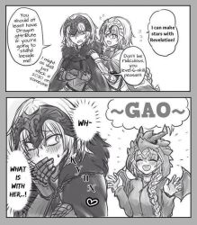 Rule 34 | 2girls, 2koma, artist request, blush, comic, dragon, dual persona, english text, fate/grand order, fate (series), fur collar, greyscale, hard-translated, headdress, hood, hoodie, jeanne d&#039;arc (fate), jeanne d&#039;arc alter (avenger) (fate), jeanne d&#039;arc alter (fate), monochrome, multiple girls, ponytail, short hair, third-party edit