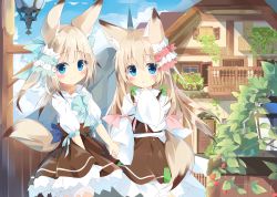 Rule 34 | 2girls, animal ears, balcony, blonde hair, bloomers, blue eyes, blue sky, bow, bowtie, brown hair, cloud, commentary request, door, dress, fox ears, fox tail, frilled dress, frilled skirt, frills, gradient hair, hair ornament, holding hands, house, ivy, kushida you, lamppost, long hair, long sleeves, multicolored hair, multiple girls, original, plant, shirt, siblings, sisters, skirt, sky, smile, tail, twins, two-tone hair, underwear, vest, wide sleeves, window