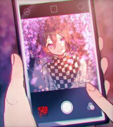 Rule 34 | 1boy, aithia, arm belt, belt, black hair, black sclera, camera phone, cellphone, checkered clothes, checkered scarf, colored sclera, colored tips, danganronpa (series), danganronpa v3: killing harmony, fingernails, flower, grin, hair between eyes, happy, highres, holding, holding phone, jacket, looking at viewer, male focus, multicolored hair, oma kokichi, phone, purple eyes, purple flower, purple hair, scarf, short hair, smartphone, smile, solo focus, two-tone scarf, upper body, viewfinder, white belt, white jacket, white scarf, wisteria